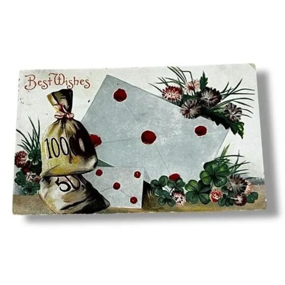 Postcard Best Wishes Money Bags Envelopes c1909 Divided Back Card C312